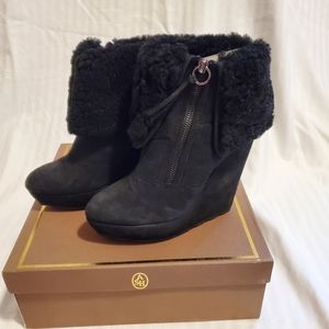 Ash Black Ankle Wedge Boots with Sheepskin Shearling Trim